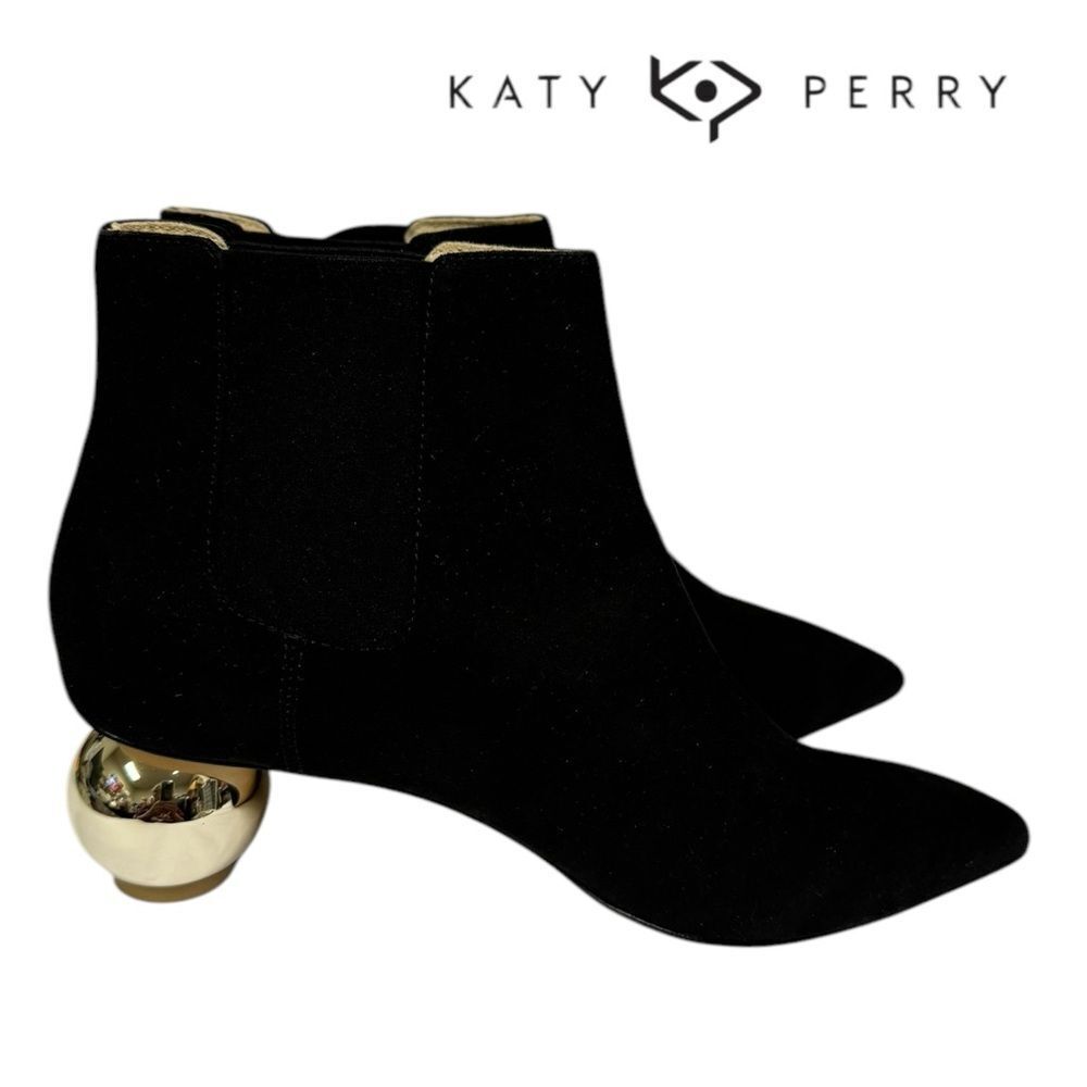 New Katy Perry The Hux Gold Globe Black Suede Ankle Boots Booties 7